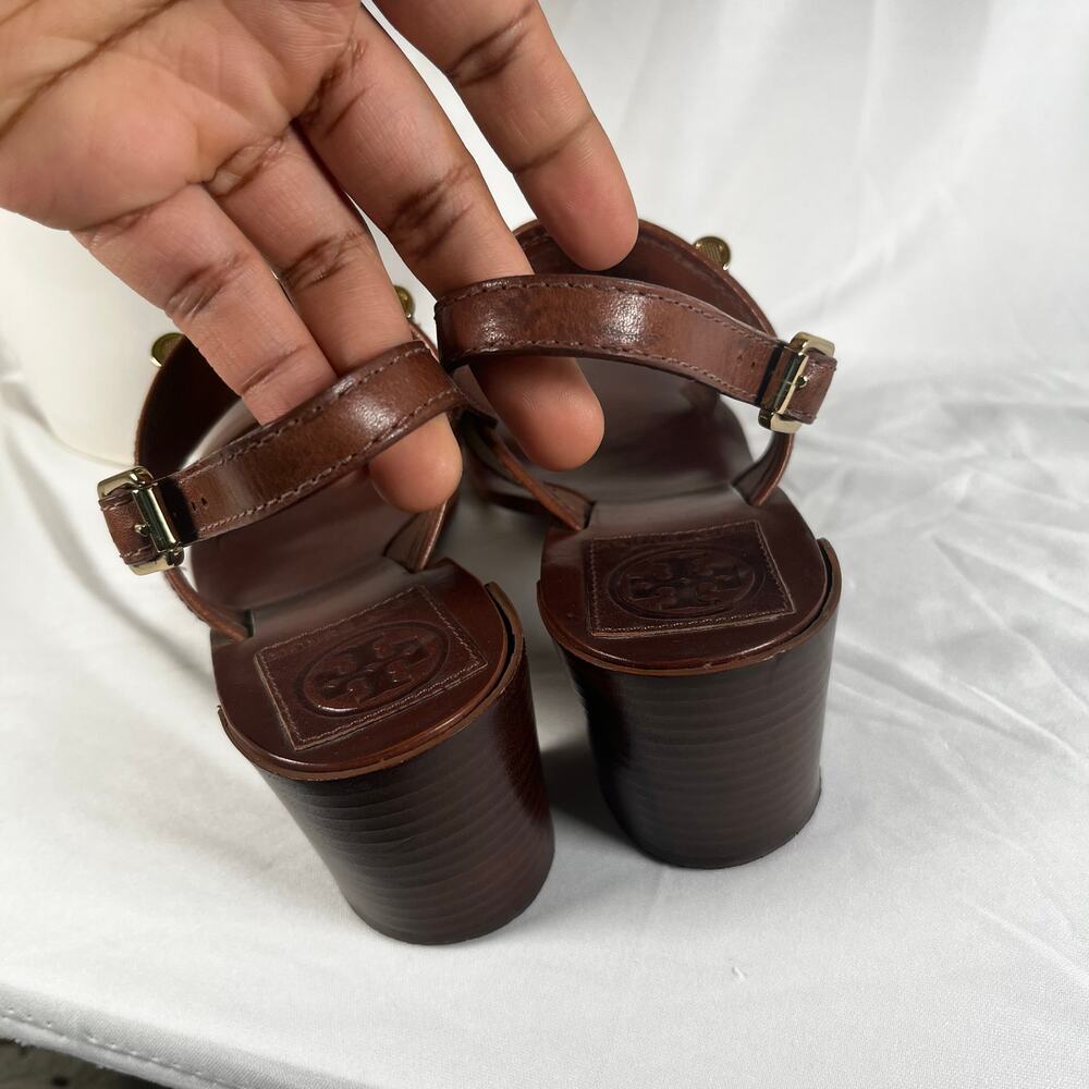TORY BURCH Lowell Linen and Leather Block Heel Slingback Gold Hardware Sandals - Picture 6 of 10